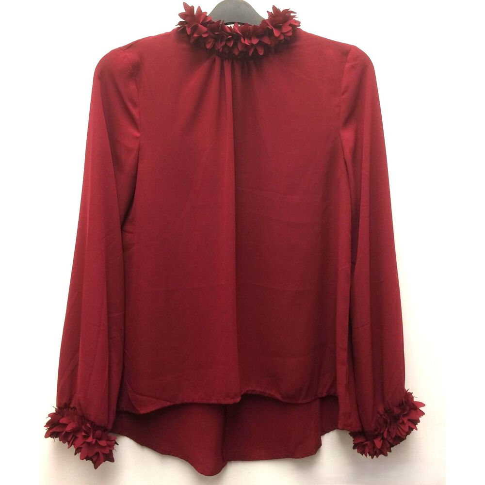 NWT Loveriche Red Floral Ruffle Cuffs & Neckline Blouse Women M